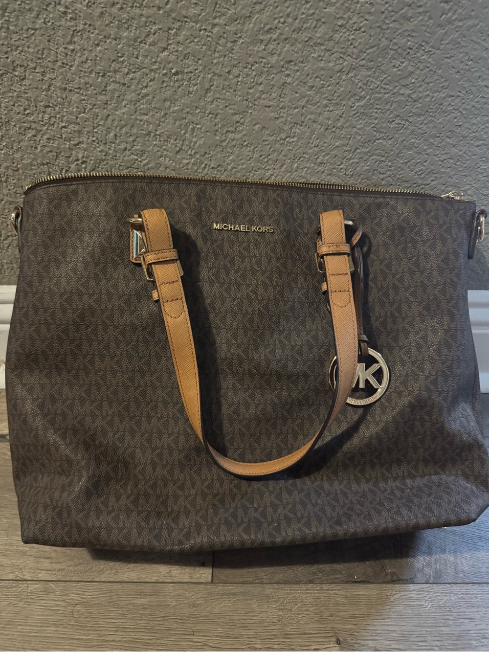 Michael Kors Dark Brown MK Logo Laptop Tote with Tan Straps